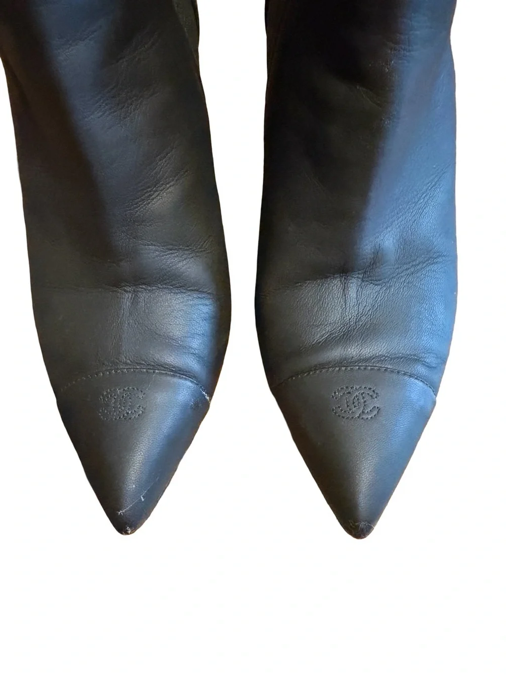CHANEL Black Leather Pointed Toe Wedge Ankle Booties